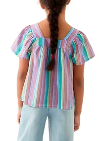 Girls 7-16 Yarn Dyed Lurex Stripe Button Front Top