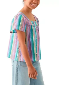 Girls 7-16 Yarn Dyed Lurex Stripe Button Front Top
