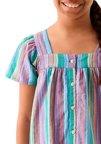 Girls 7-16 Yarn Dyed Lurex Stripe Button Front Top