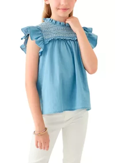 Girls 7-16 Chambray Ruffle Neck Top