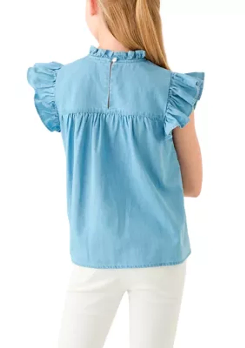 Girls 7-16 Chambray Ruffle Neck Top