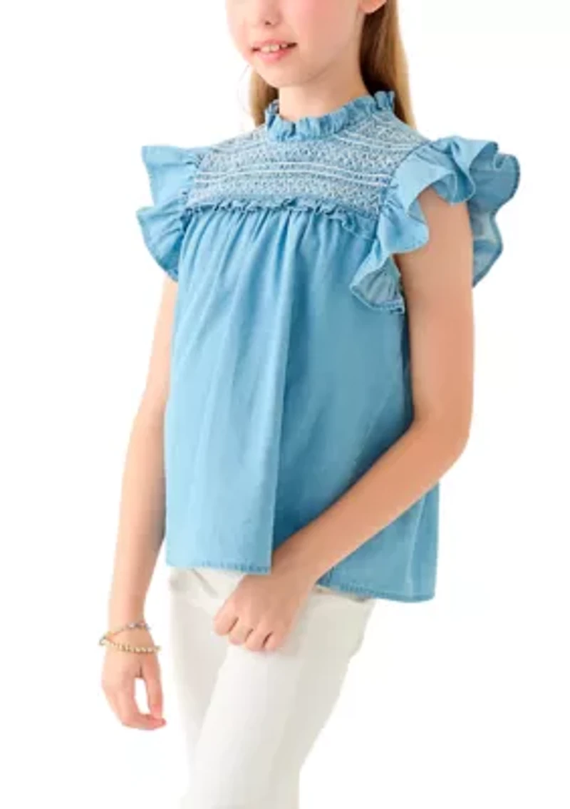 Girls 7-16 Chambray Ruffle Neck Top