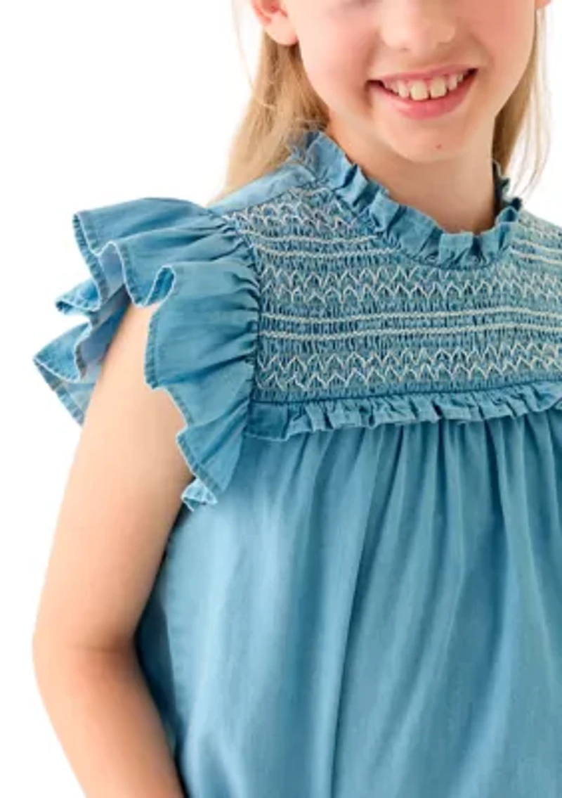 Girls 7-16 Chambray Ruffle Neck Top