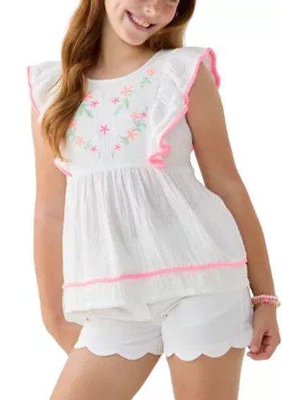 Girls 7-16 Ruffle Embroidered Top