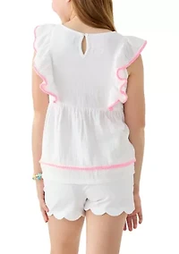 Girls 7-16 Ruffle Embroidered Top