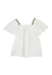 Girls 4-6x Short Sleeve Button Front Embroidered Top