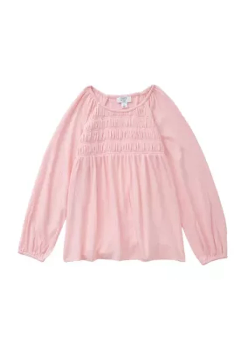 Girls 4-6x Long Sleeve Smocked Crinkle Knit Top