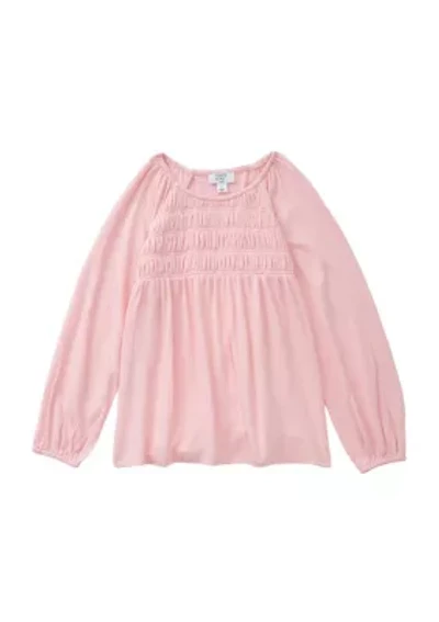 Girls 4-6x Long Sleeve Smocked Crinkle Knit Top