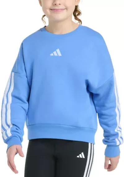 Girls 7-16 Long Sleeve 3-Stripes Crewneck Fleece Pullover Sweatshirt