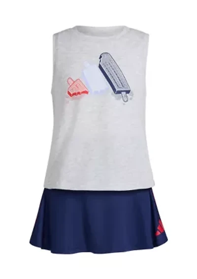 Girls 4-6x Two Piece Waist Heather Tank Top and 3 Stripe Skort Set
