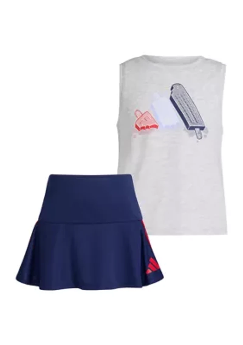 Girls 4-6x Two Piece Waist Heather Tank Top and 3 Stripe Skort Set