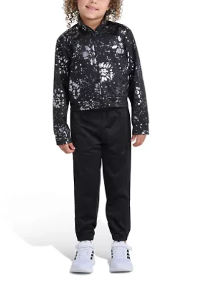 Girls 7-16 2-Piece Long Sleeve Full-Zip All Over Print Foil Glam Jacket and Pants Tricot Set