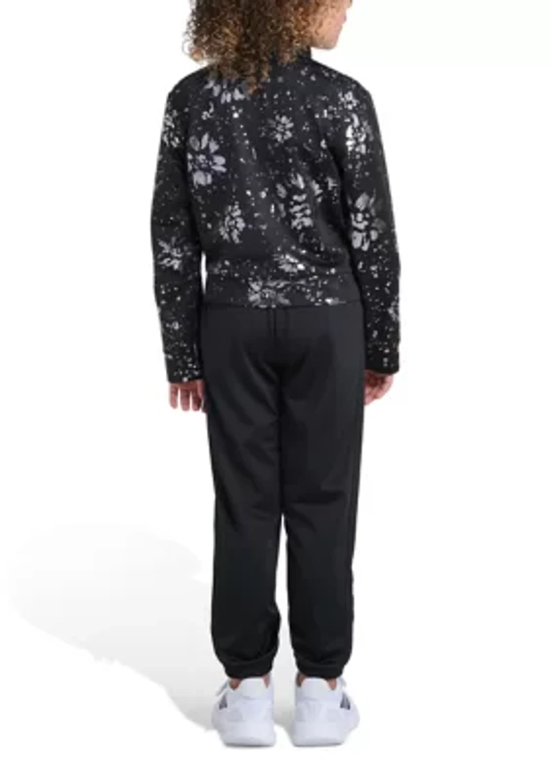 Girls 7-16 2-Piece Long Sleeve Full-Zip All Over Print Foil Glam Jacket and Pants Tricot Set