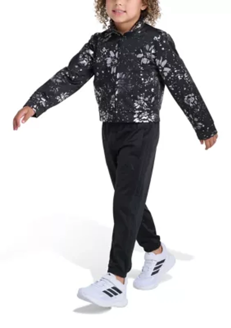 Girls 7-16 2-Piece Long Sleeve Full-Zip All Over Print Foil Glam Jacket and Pants Tricot Set