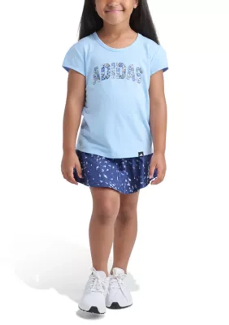Girls 4-6x Pleated Short Sleeve T-Shirt and Allover Printed Flounce Skort Set