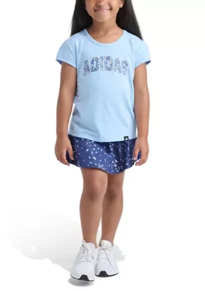Girls 4-6x Pleated Short Sleeve T-Shirt and Allover Printed Flounce Skort Set