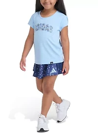 Girls 4-6x Pleated Short Sleeve T-Shirt and Allover Printed Flounce Skort Set