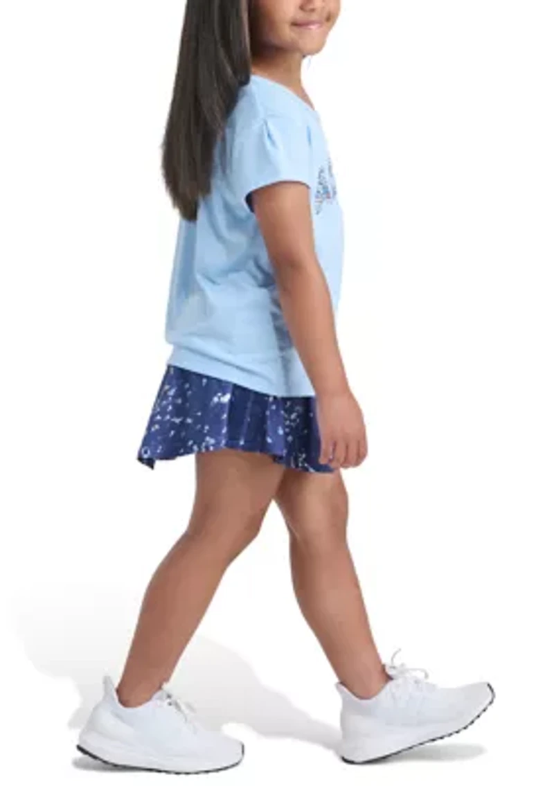 Girls 4-6x Pleated Short Sleeve T-Shirt and Allover Printed Flounce Skort Set