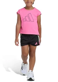 Girls 4-6 2-Piece Short Sleeve Back Pleated T-Shirt & Mesh Set