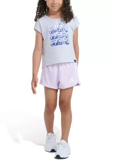 Girls 4-6 2-Piece Short Sleeve Back Pleated Heather T-Shirt & Mesh Set