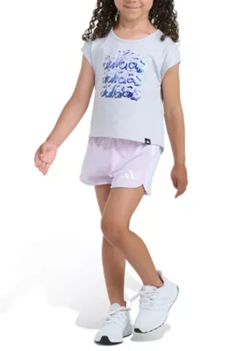 Girls 4-6 2-Piece Short Sleeve Back Pleated Heather T-Shirt & Mesh Set