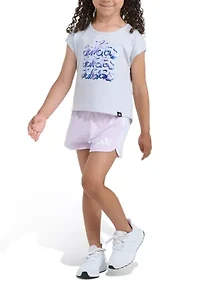 Girls 4-6 2-Piece Short Sleeve Back Pleated Heather T-Shirt & Mesh Set