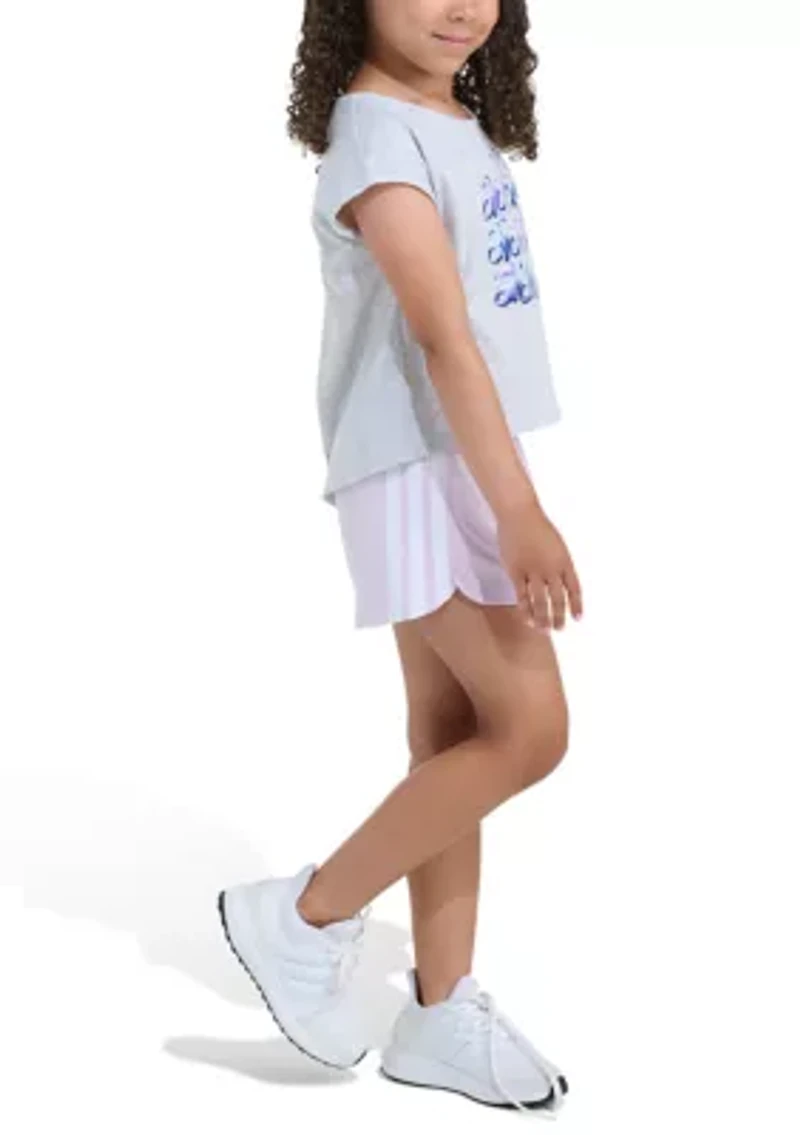 Girls 4-6 2-Piece Short Sleeve Back Pleated Heather T-Shirt & Mesh Set