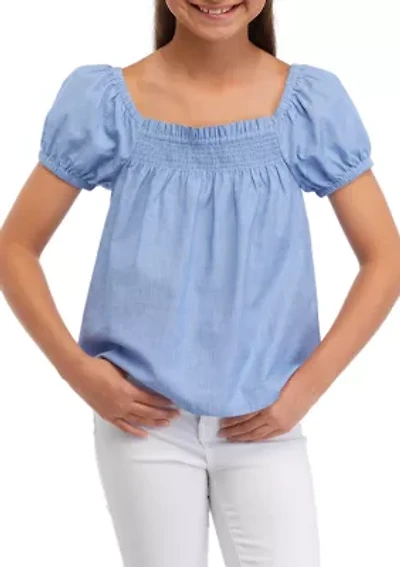 Girls 7-16 Puff Sleeve Chambray Top