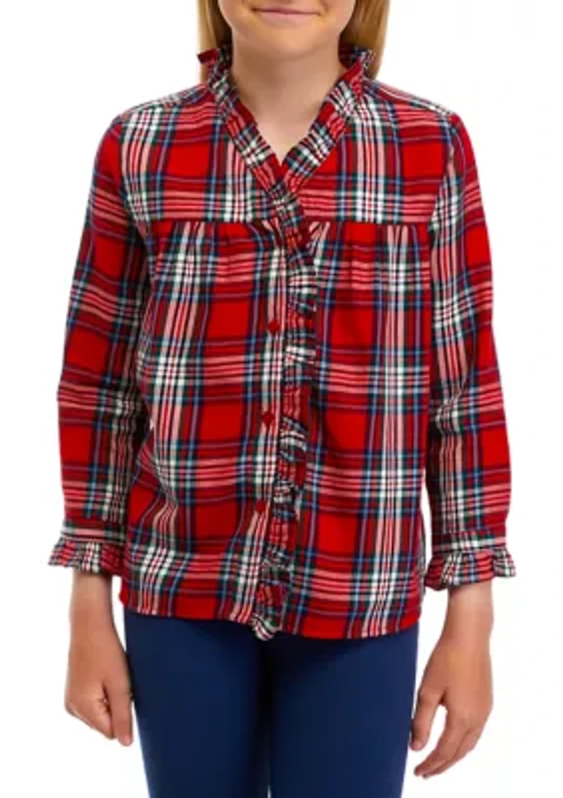 Girls 7-16 Ruffle Button Down Plaid Shirt