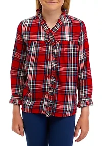 Girls 7-16 Ruffle Button Down Plaid Shirt
