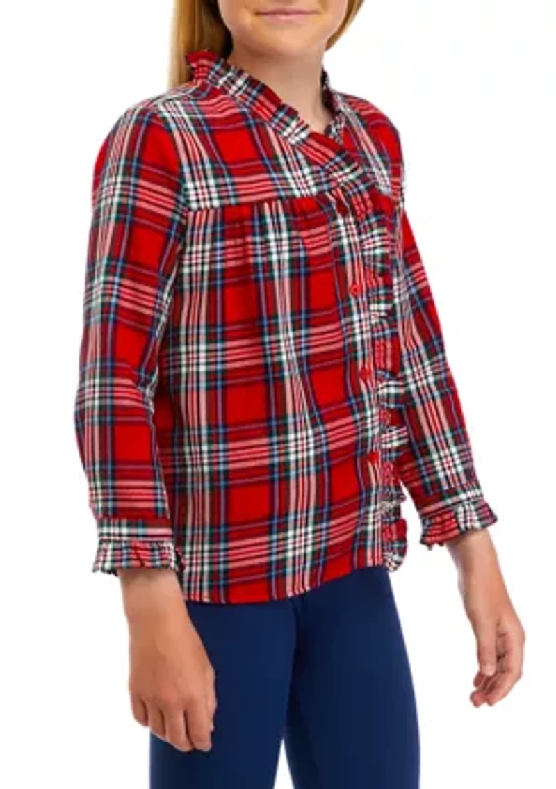 Girls 7-16 Ruffle Button Down Plaid Shirt