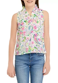 Girls 7-16 Sleeveless Ruffle Neck Top