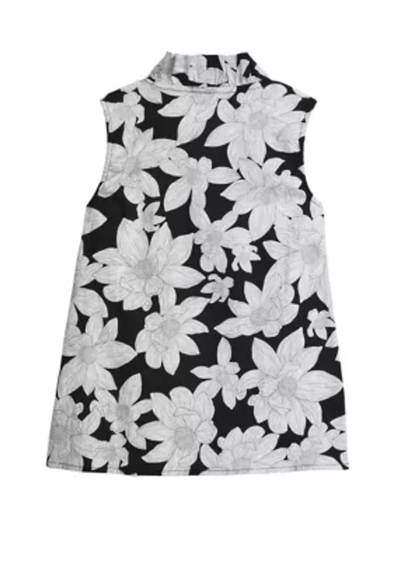 Girls 7-16 Sleeveless Ruffle Neck Printed Top