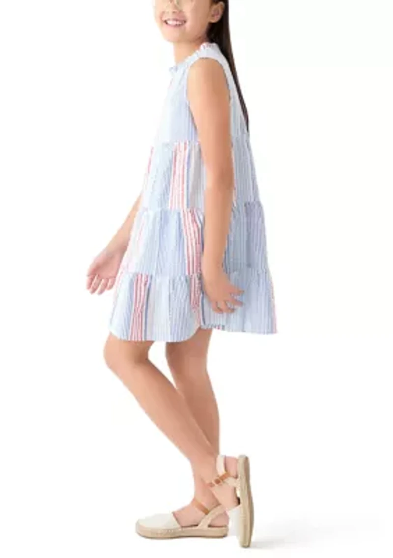 Girls 7-16 Split Neck Ruffle Stripe Dress