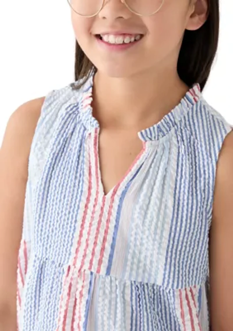Girls 7-16 Split Neck Ruffle Stripe Dress