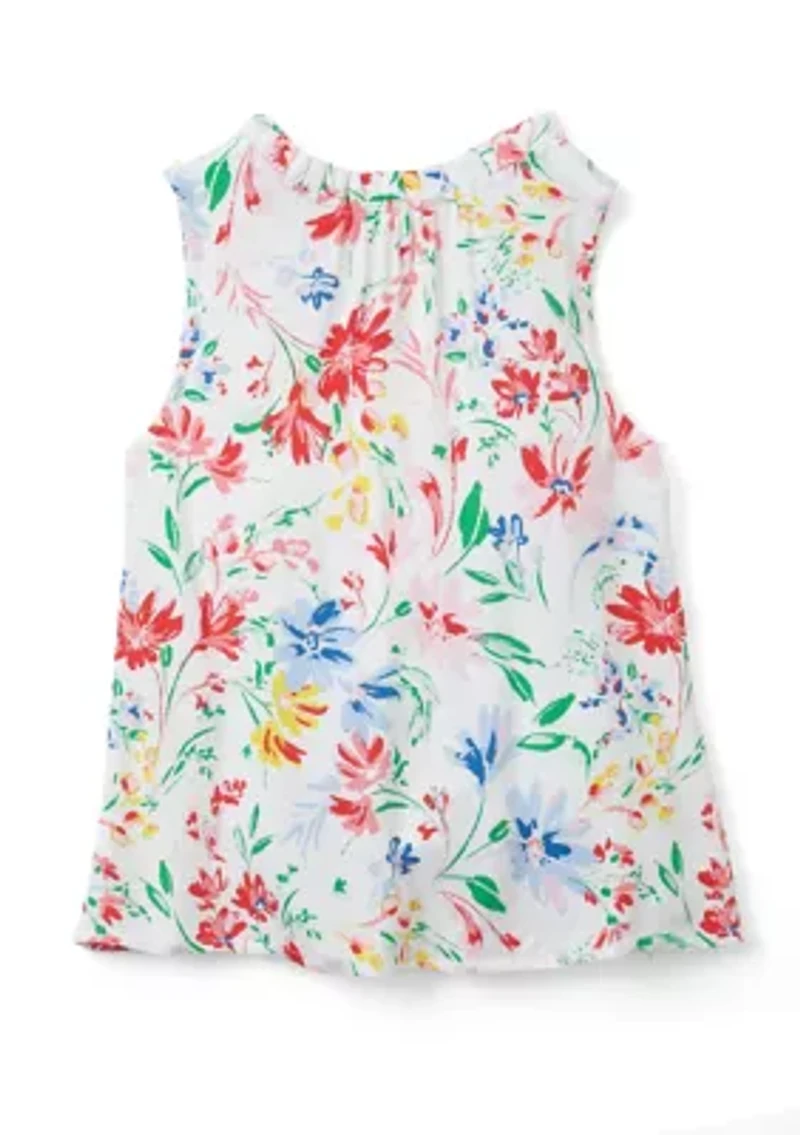 Girls 7-16 Notch Neck Ruffle Printed Tank