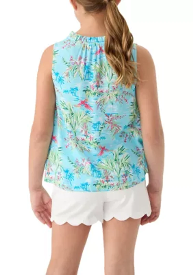 Girls 7-16 Notch Neck Ruffle Printed Tank