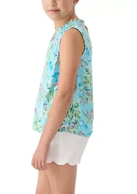 Girls 7-16 Notch Neck Ruffle Printed Tank