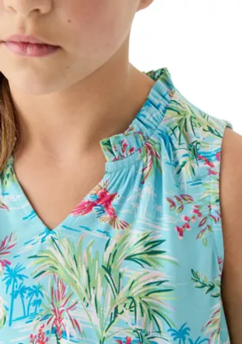 Girls 7-16 Notch Neck Ruffle Printed Tank