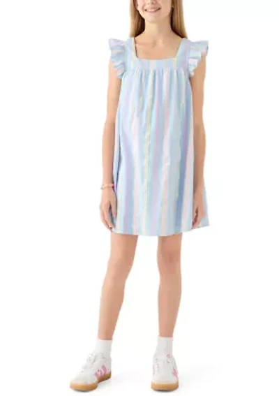 Girls 7-16 Square Neck Flutter Yarn Dye Neon Dress