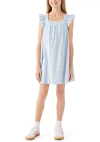 Girls 7-16 Square Neck Flutter Yarn Dye Neon Dress