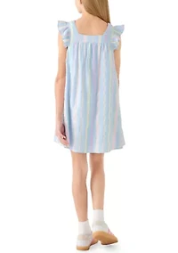 Girls 7-16 Square Neck Flutter Yarn Dye Neon Dress