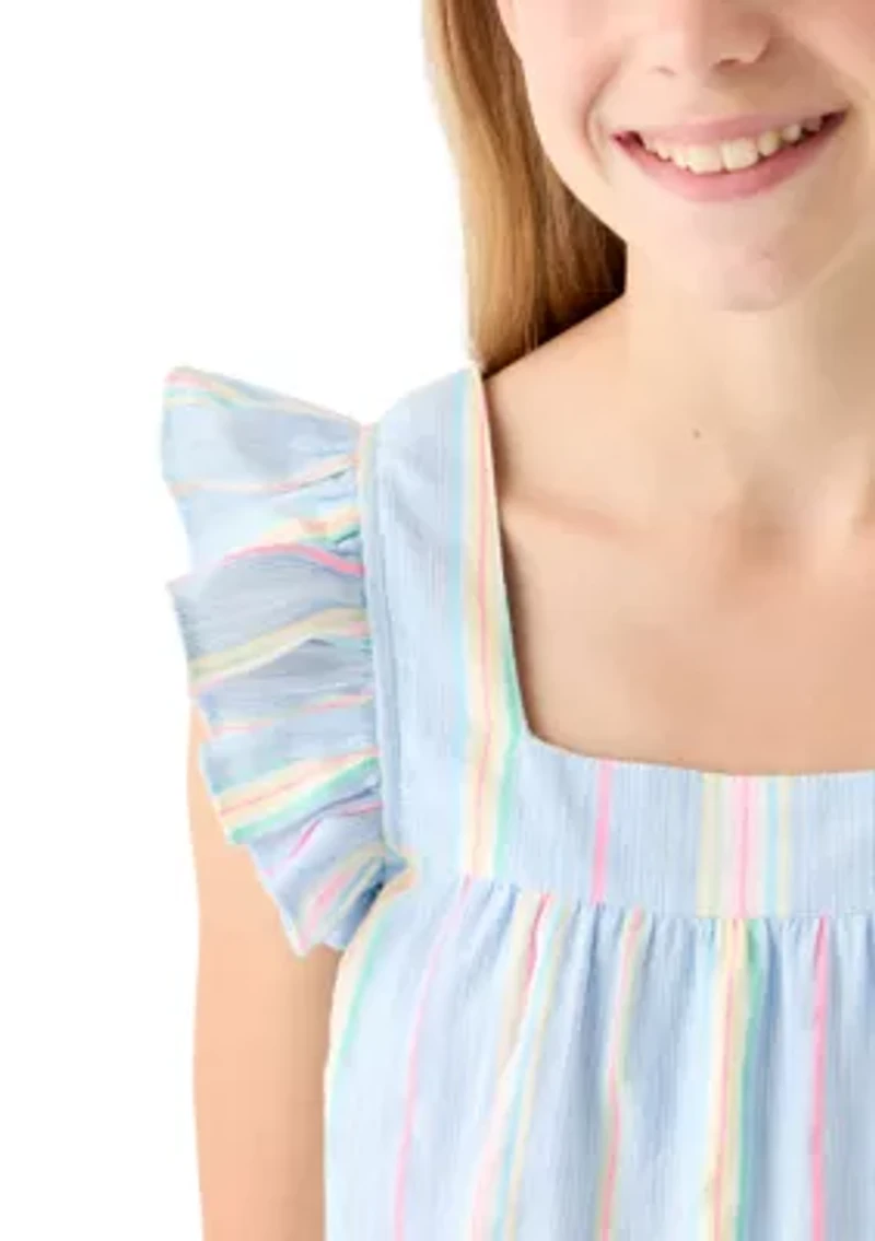 Girls 7-16 Square Neck Flutter Yarn Dye Neon Dress