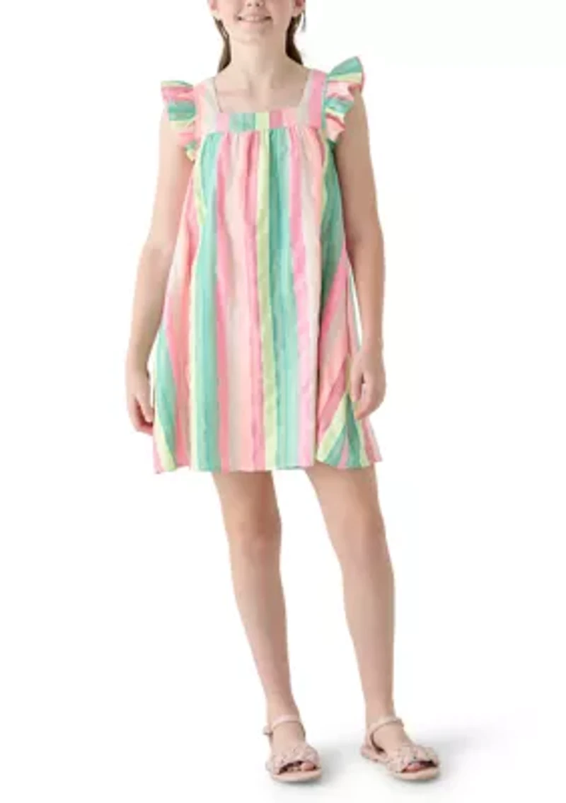 Girls 7-16 Square Neck Flutter Rainbow Dress