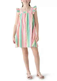 Girls 7-16 Square Neck Flutter Rainbow Dress
