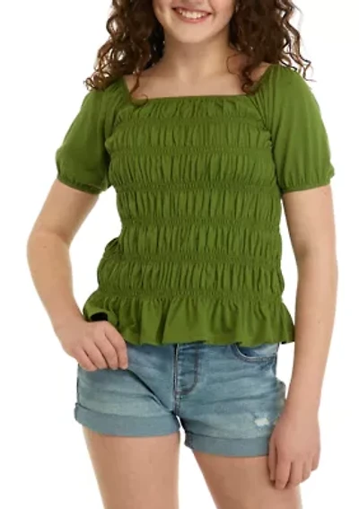 Girls 7-16 Short Sleeve Smocked Knit Top