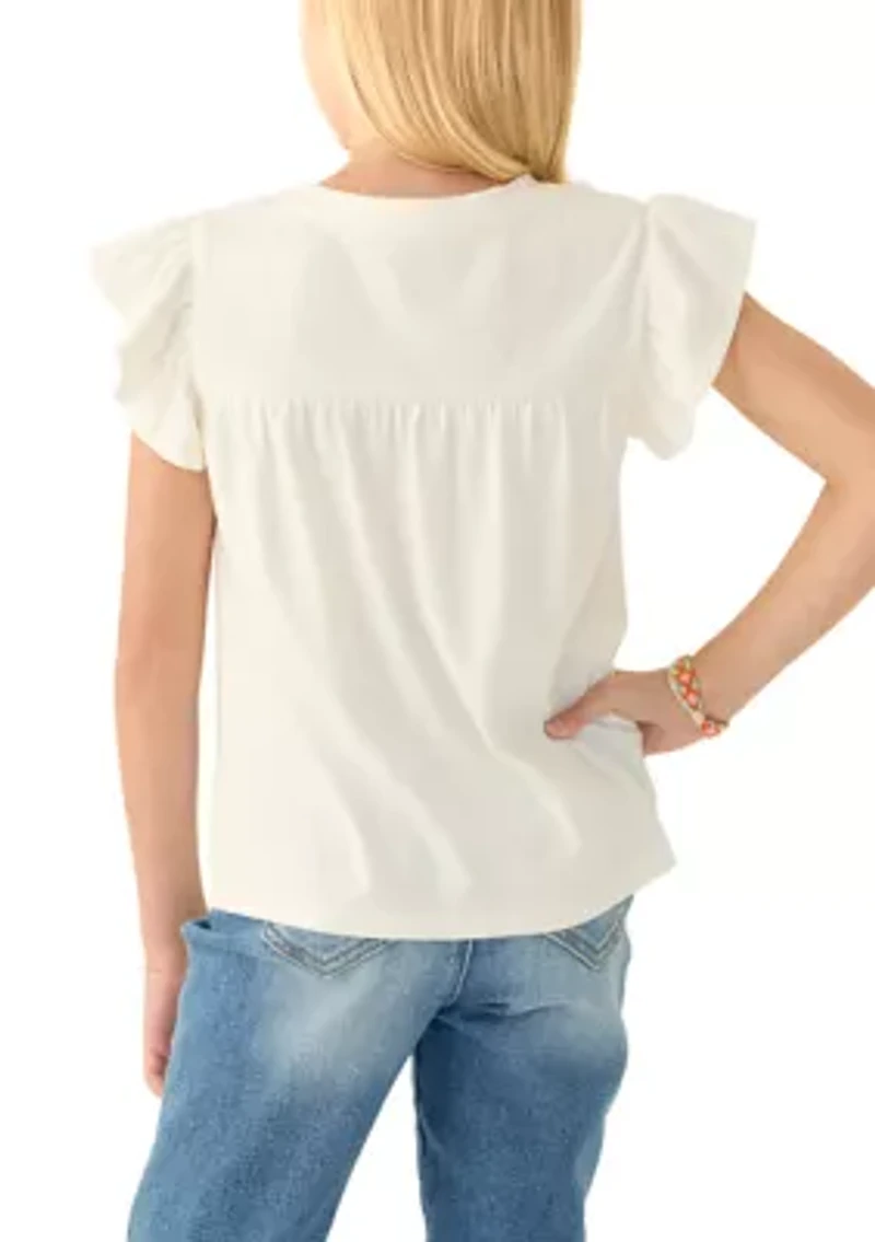Girls 7-16 Flutter Sleeve Embroidered Top