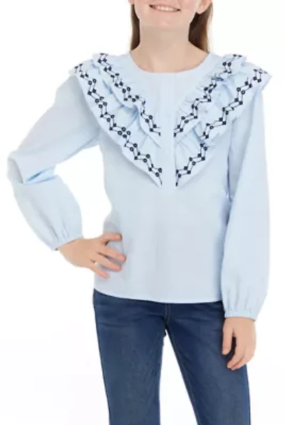 Girls 7-16 Woven Button Front Ruffle Top