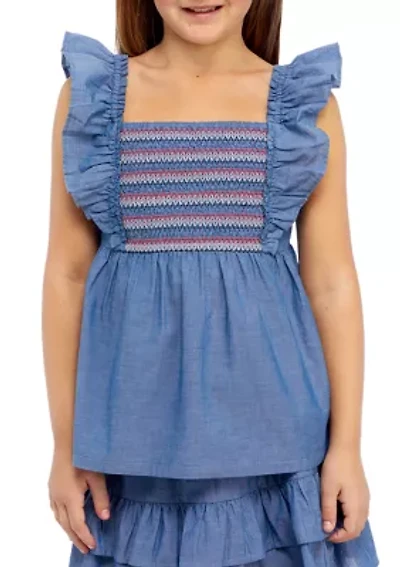 Girls 7-16 Chambray Smocked Top