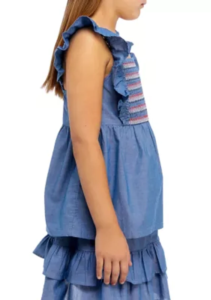 Girls 7-16 Chambray Smocked Top